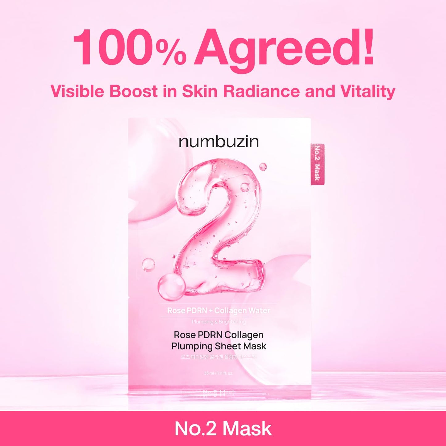 numbuzin No.2 Sheet Mask | Rose PDRN Collagen Plumping Sheet Mask | Korean Mask for face | Brightening, Hydrating, Firming and Moisturizing | Collagen, Peptides, PDRN | 4ea