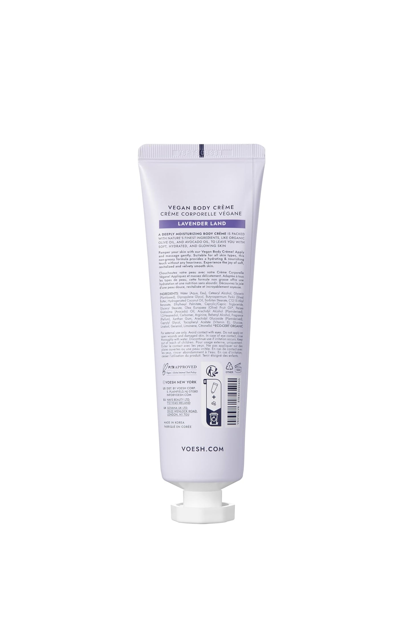 VOESH Vegan Body Creme - Skin Moisturing Cream, K-Beauty Korean Skincare, Lavender Land - 3oz