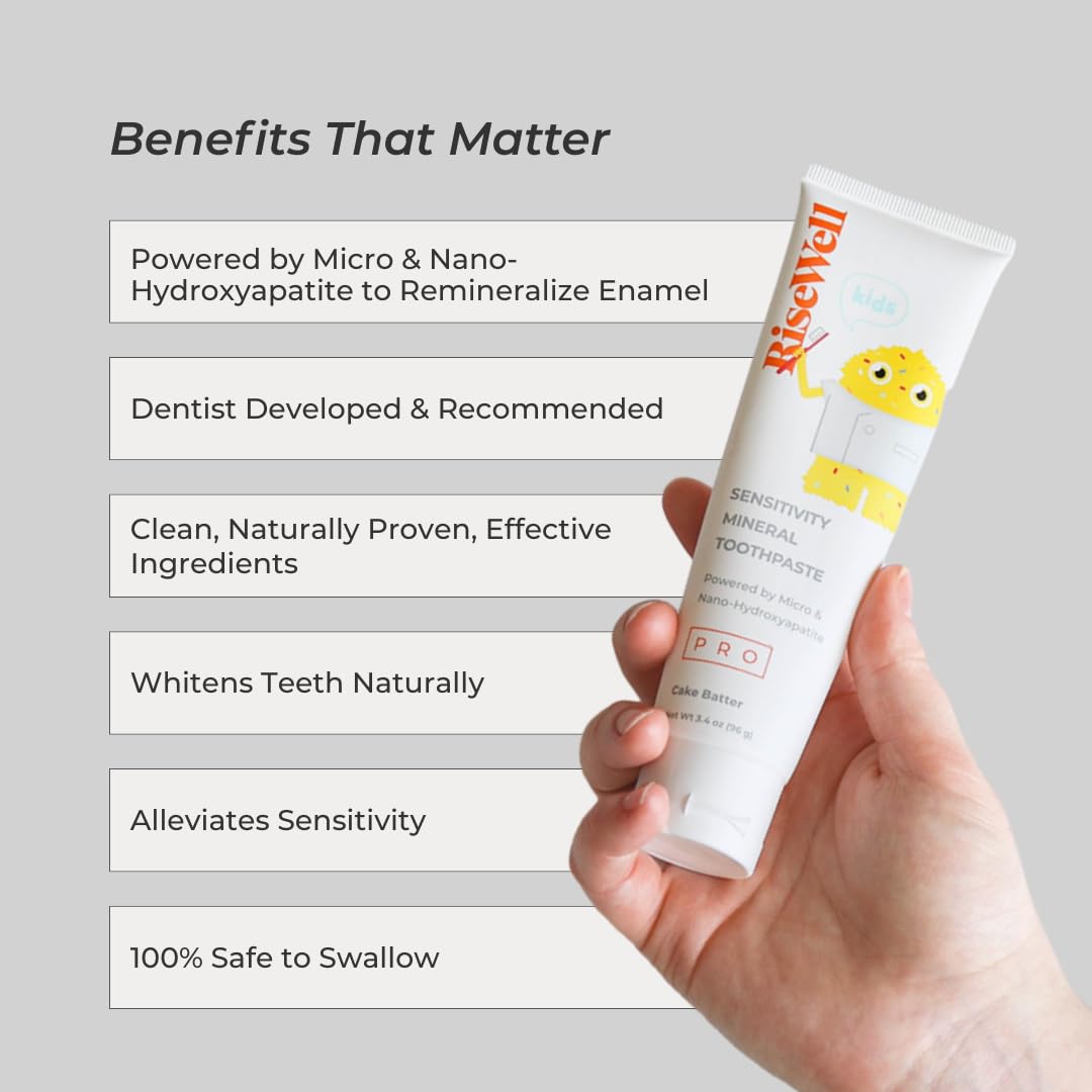RiseWell PRO Kids Mineral Toothpaste - Micro & Nano Hydroxyapatite Toothpaste Kids - Made in USA, No Added Fluoride, Safe to Swallow & Dentist Developed for Remineralized Teeth (Cake Batter Flavor)