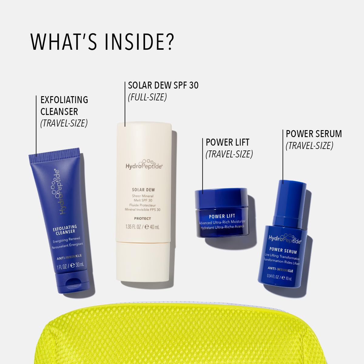 HydroPeptide Summer Skin on-the-Go Regenerative Routine & Travel Size Kit: Power Lift, Power Serum, Exfoliating Cleanser & Solar Dew Mineral Melt SPF30