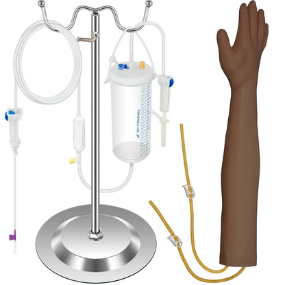 VEVOR IV Practice Kit Phlebotomy Practice Kit with Dark Skin, Venipuncture Practice Kit Skills Learning Model Arm Kit with Height Adjustable Infusion Stand for Students, Nurse