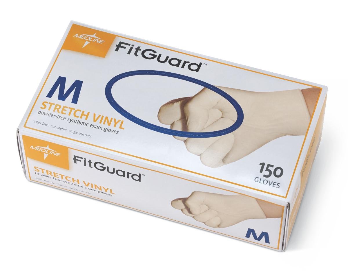 Medline FitGuard Stretch Vinyl Powder-Free Smooth Exam Gloves, Size M