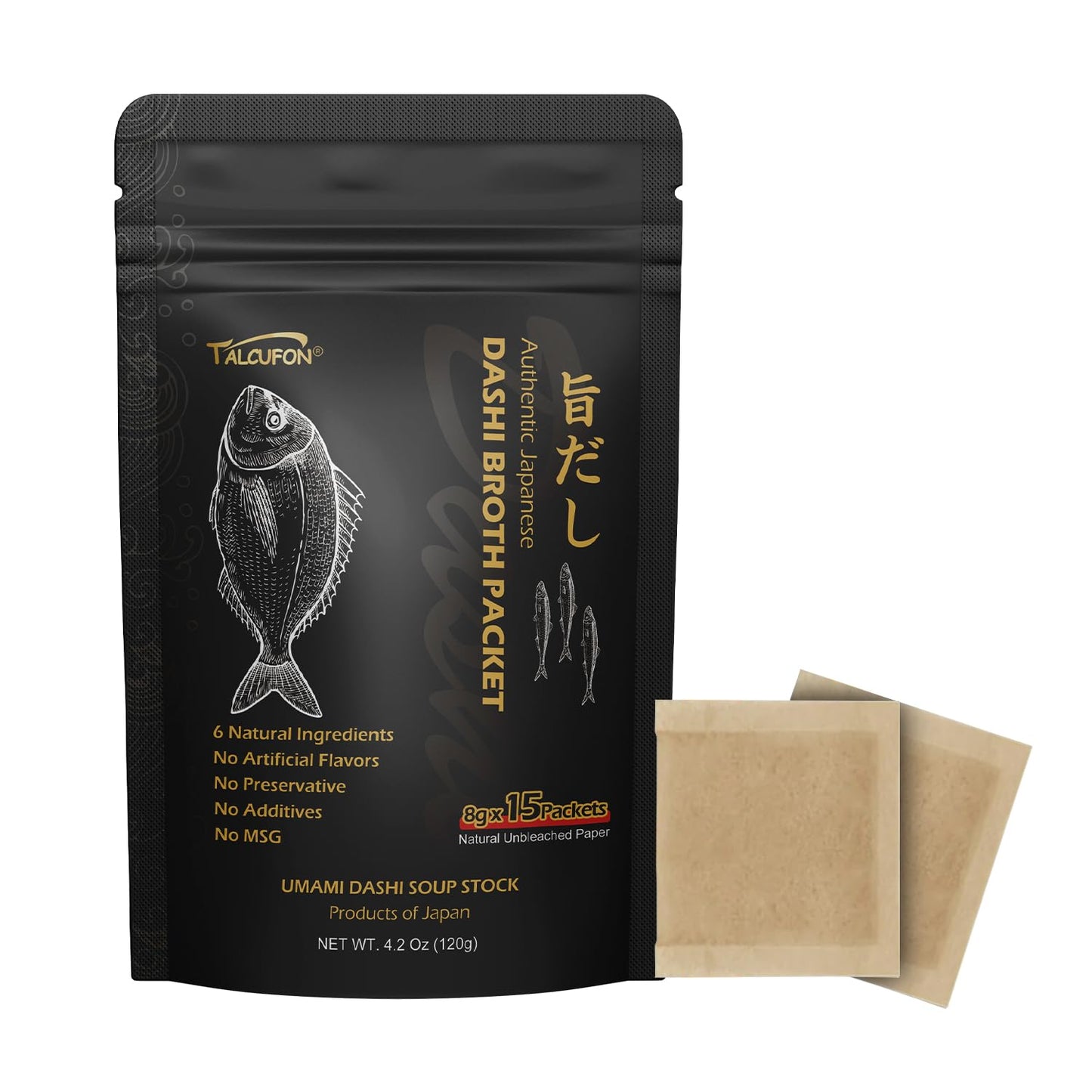 TALCUFON Dashi Stock (Dashi Broth, Dashi Packet), Umami Dashi Soup Stock, Use 6 Carefully Selected Natural Ingredients, Made in Japan, 8g×15 packets