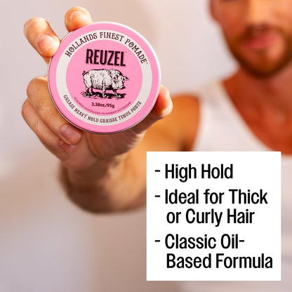 REUZEL Pink Grease Pomade, Strong All Day Hold, Oil-Based Styling Wax, Medium Shine, Easy To Wash Out, For All Hair Types