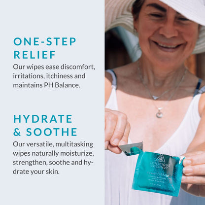 Organic Coconut Oil Intimate Wipes – Sensitive Skin Feminine Wipes, Biodegradable, Individually Wrapped, Moisturizing & Gentle – Ideal for Daily Use