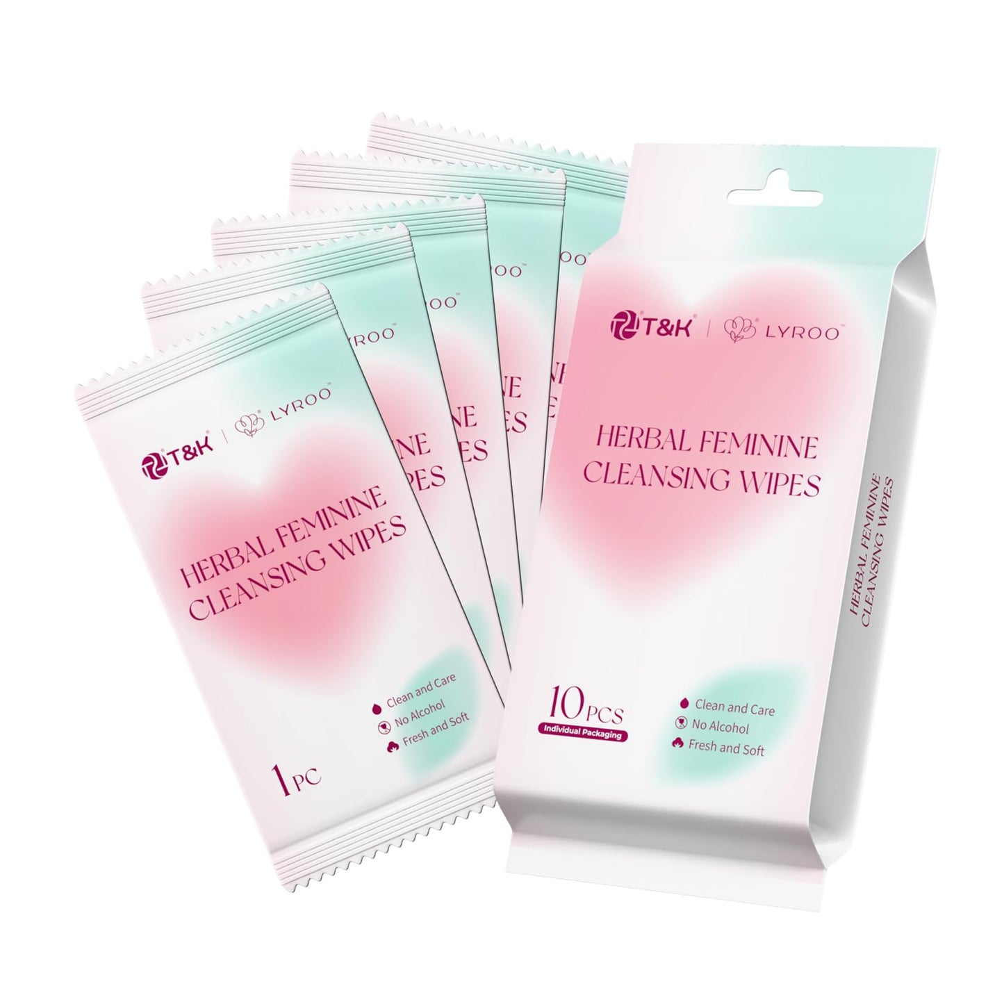 T&K Herbal Feminine Wipes - 10 Individually Wrapped, pH Balanced Intimate Care with Natural Botanicals for Sensitive Skin, Gentle Daily Use