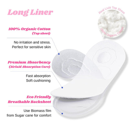 Livlit Organic Cotton Sanitary Pad Bundle – Long Liners 40pcs + Regular Pads 14pcs, Chlorine Free, Unscented, Ultra Absorbent Period Care