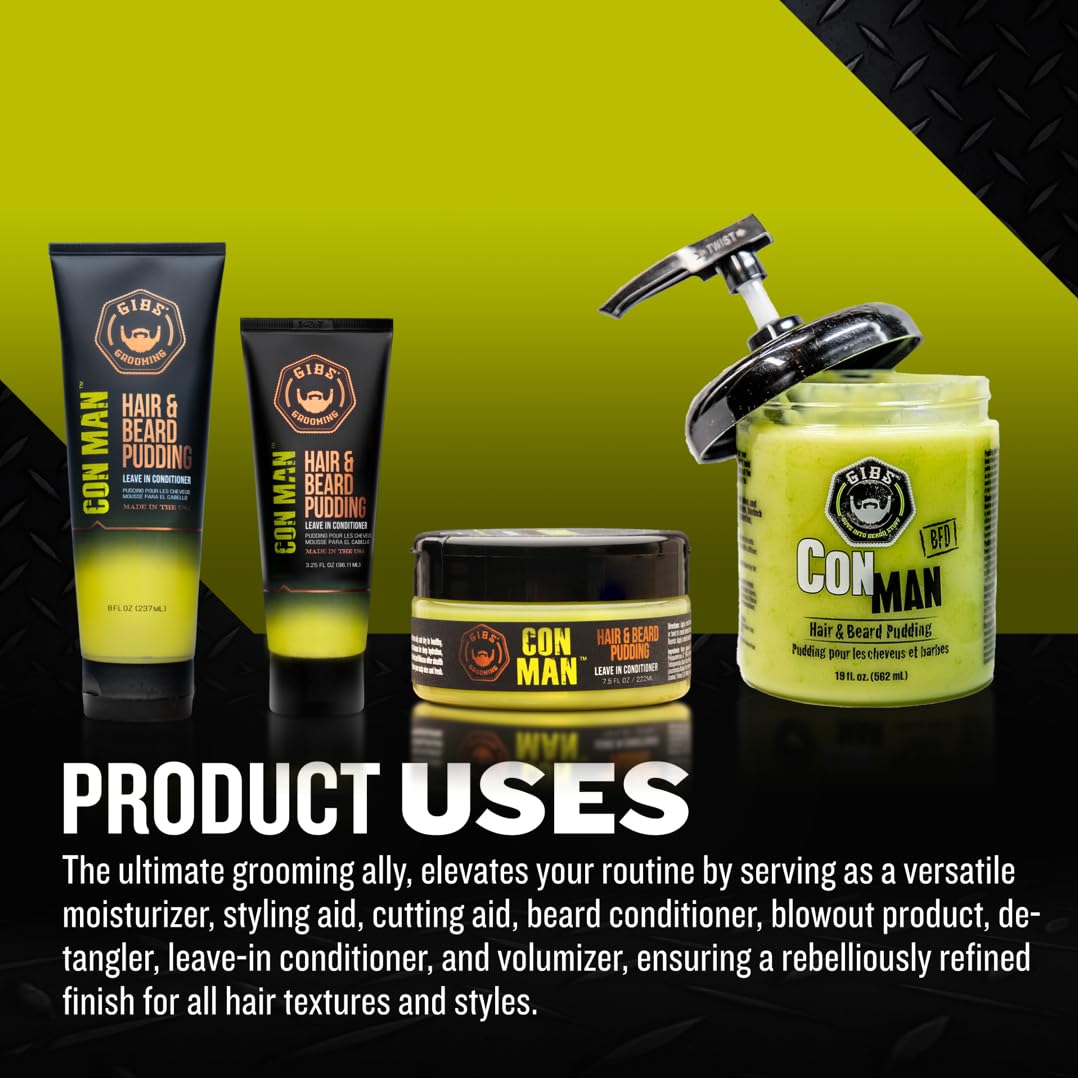 GIBS Con Man Hair & Beard Pudding - Leave In Conditioner - Curl Definer - Moisturizer - 3.25 oz Travel Size