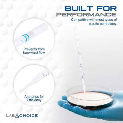 LabChoice Serological Pipettes - 200 Count - Plastic Disposable Sterile Pipettes, Individually Packed Graduated Transfer Pipette for Laboratory Use - 5mL, Blue