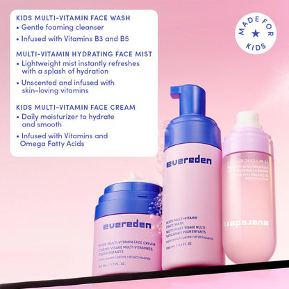Evereden Kids Multi-Vitamin Hydrating Face Mist, Face Wash, & Kids Face Cream Set: Clean, Vegan, and Multivitamin-Rich Kids Skin Care Set for 6 & up - Moisturize & Refresh