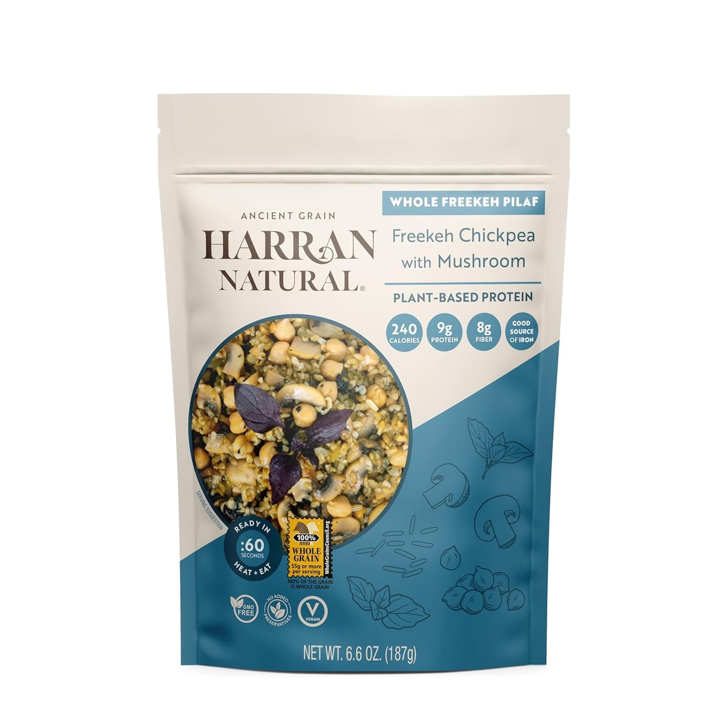 Harran Natural Whole Freekeh Pilaf, Chickpea & Mushroom, Ready to Eat Healthy Superfood Meal, Non-GMO, No Preservatives, Vegan, Plant-Based Protein, 6.6 oz