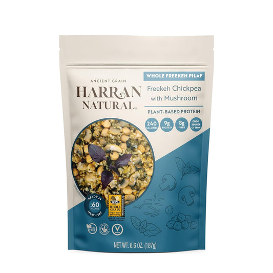 Harran Natural Whole Freekeh Pilaf, Chickpea & Mushroom, Ready to Eat Healthy Superfood Meal, Non-GMO, No Preservatives, Vegan, Plant-Based Protein, 6.6 oz