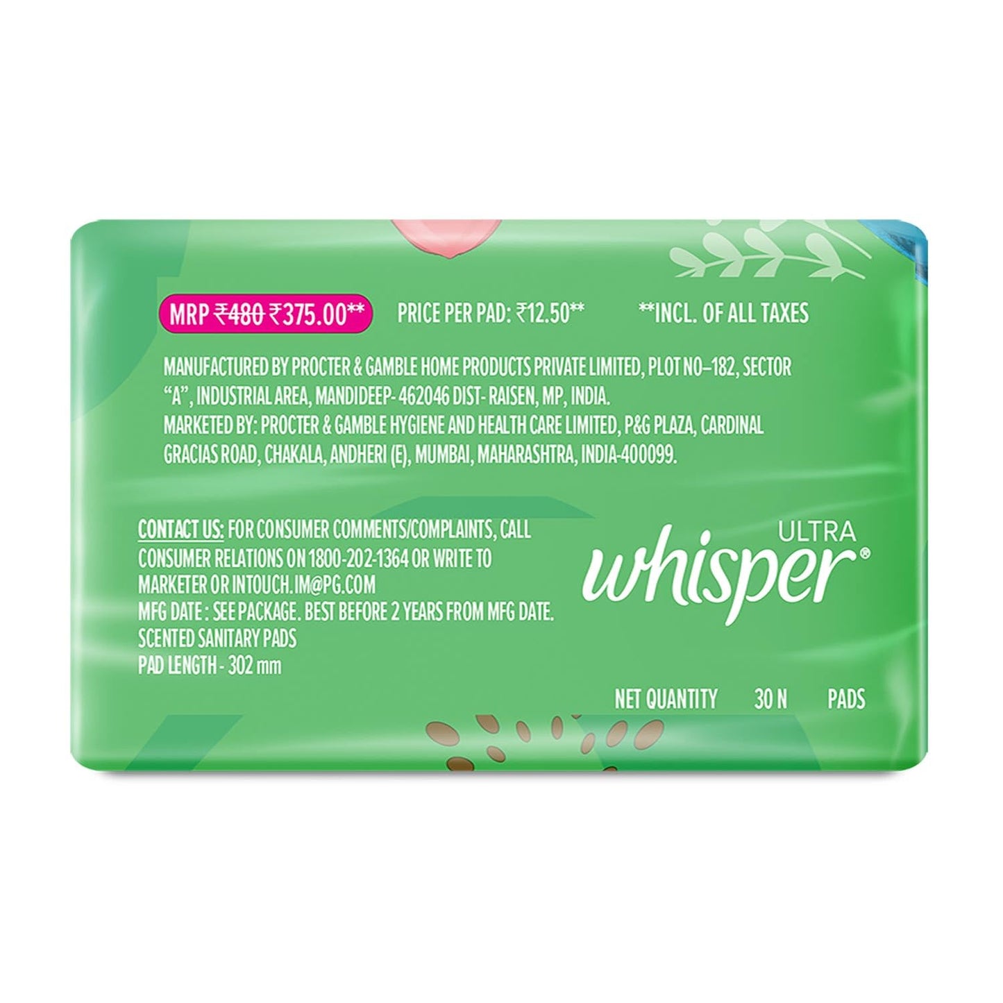 Whisper Ultra Clean Sanitary with Wings - 30 Pieces (XL)