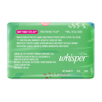 Whisper Ultra Clean Sanitary with Wings - 30 Pieces (XL)