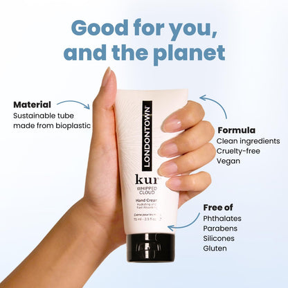 LONDONTOWN kur Whipped Cloud Hydrating, Moisturizing & Fast Absorbing Hand Cream, Vegan & Cruelty Free - 1fl oz
