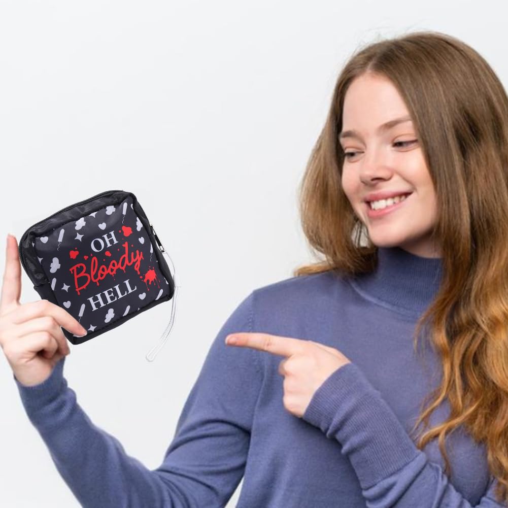 Black Period Bag Pouch Sanitary Napkin Storage Bag Oh Bloody Hell Pad Pouch Portable Waterproof Feminine Products Travel Storage Organizer First Period Gifts for Women Ladies Daily Use