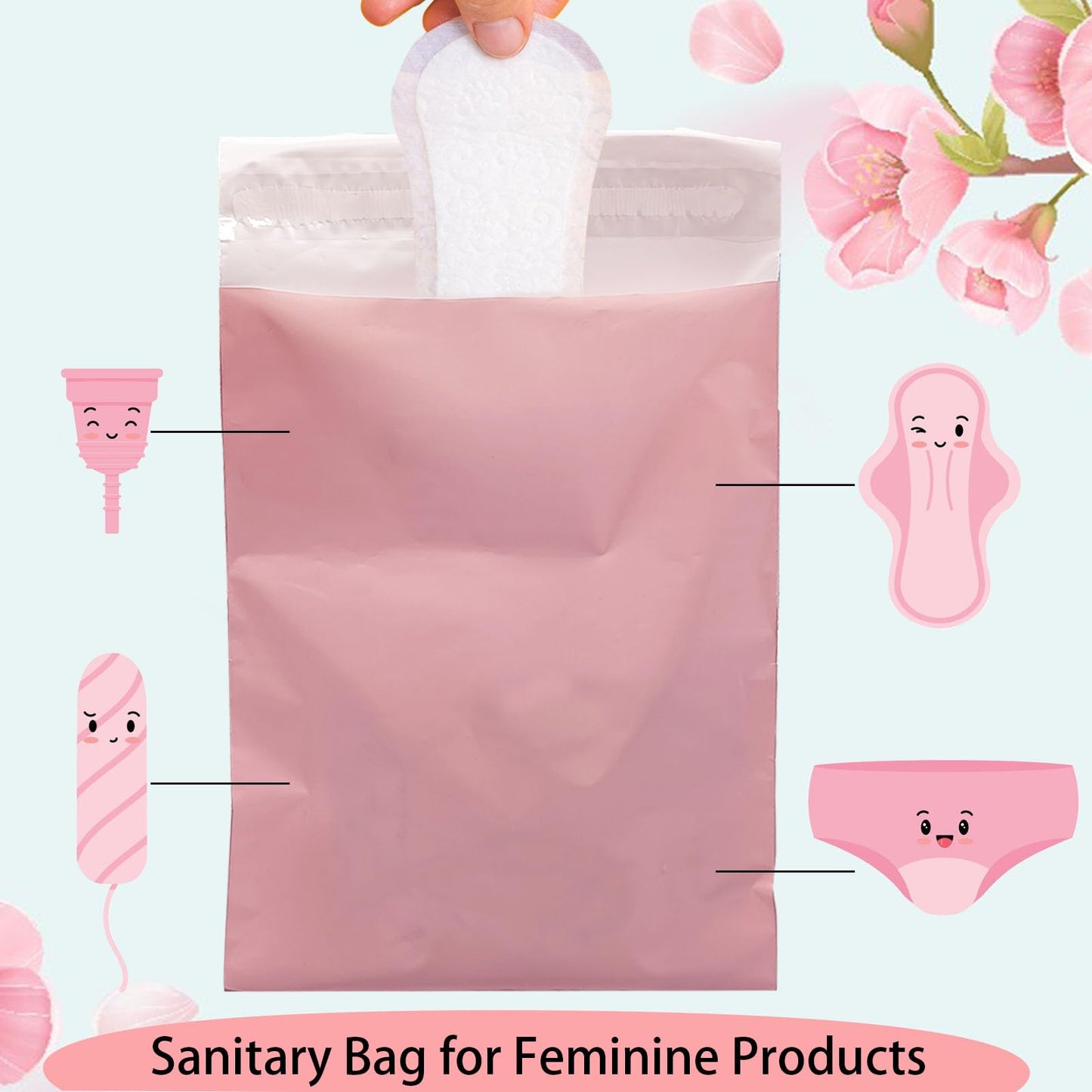 Sanitary Napkin Disposal Bags, 100Pcs Disposable Period Trash Bags, Feminine Hygiene Bags for Pads and Tampons, 1.67 Mil Pink Self-adhesive Feminine Product Disposal Bags for Blocking Odors, 6.7x9.8IN