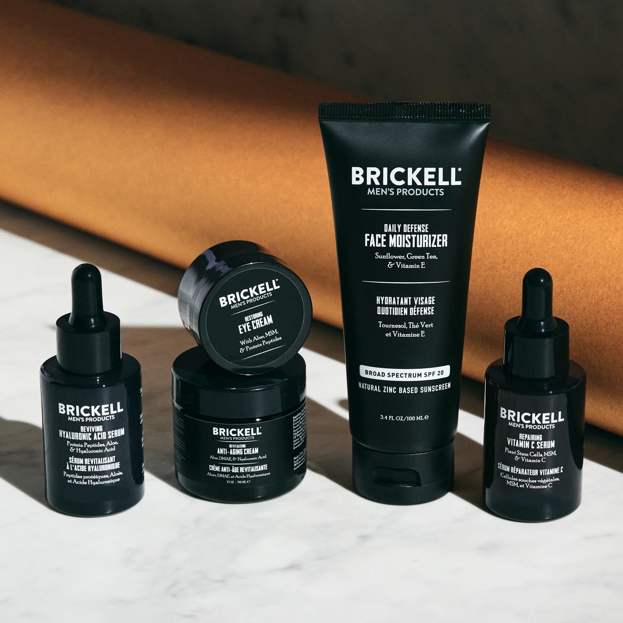 Brickell Men's Complete Defense Anti Aging Routine, Night Face Cream, Vitamin C Day and Night Serum, Facial Moisturizer w/SPF and Eye Cream, Natural and Organic, Unscented