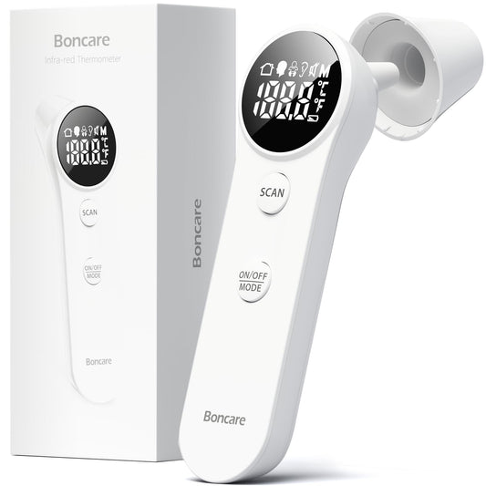 Boncare Ear and Forehead Thermometer, 2X Accuracy Infrared Digital Thermometer for Adults and Kids, 1 Second Reading, No Touch Baby with Fever Alarm