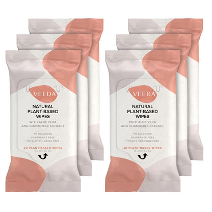 Veeda Plant-Based Feminine Wipes – pH-Balanced, Hypoallergenic & Biodegradable Wipes for Sensitive Skin, Fragrance-Free Travel Sized Wipes – 120 Count