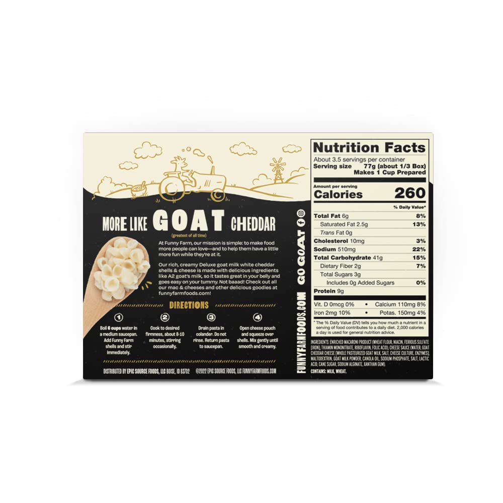 Funny Farm A2 Milk Macaroni and Cheese | Pasta with White Cheddar Flavor - Goat Cheese Mac and Cheese Dinner Bundle (Bulk 8 Pack) | A2 Goat Milk Cheese Pasta Sauce Packet with Elbow Macaroni Noodles - Goats Milk Based White Cheddar Mac n Cheese