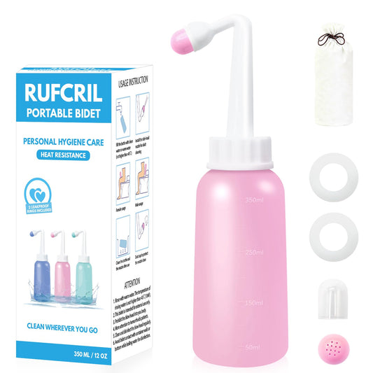 RUFCRIL Mini Peri Bottle, 350ml Portable Travel Bidet with Extra Ring and Carry Bag, TPE Material for High Temperature Resistance, Essentials for Postpartum Perineal Care,Hemorrhoid Treatment, Pink