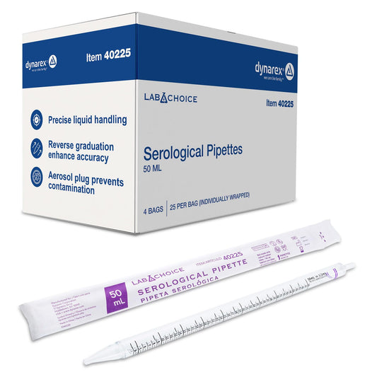 LabChoice Serological Pipettes - 100 Count - Plastic Disposable Sterile Pipettes, Individually Packed Graduated Transfer Pipette for Laboratory Use - 50mL, Purple