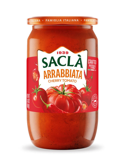 SACLA Arrabbiata Cherry Tomato Pasta Sauce with No Added Sugar | 100% Italian Grown Tomatoes with Spicy Red Chili Pepper | 24 oz Glass Jar | Imported from Italy | Non-GMO Authentic Italian Sauce