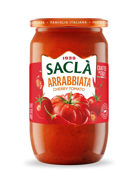 SACLA Arrabbiata Cherry Tomato Pasta Sauce with No Added Sugar | 100% Italian Grown Tomatoes with Spicy Red Chili Pepper | 24 oz Glass Jar | Imported from Italy | Non-GMO Authentic Italian Sauce