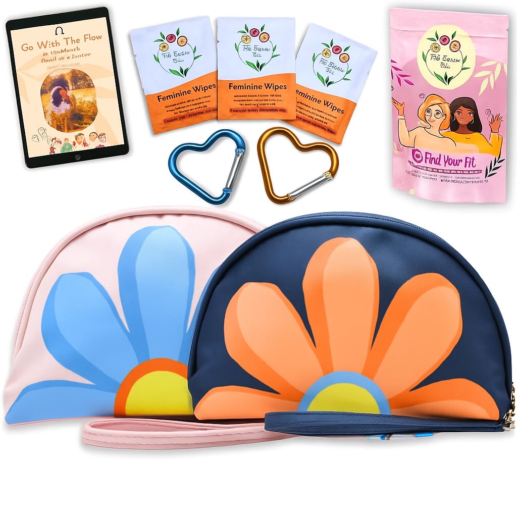 The Bloom First Period Kit for Girls 9-12 – 32 PC Tween Starter Kit with Cute Sanitary Napkin Storage Bag – Portable Waterproof Emergency Pad Pouch (Pink & Blue)