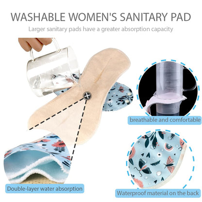 AIO Reusable Washable Cloth Menstrual Pads Sanitary Pad for Woman Large Size(4.72 * 11.8/5.51 * 13.4/6.3 * 14.96inch) Including 5 pcs Pads with 1 Wet Bag