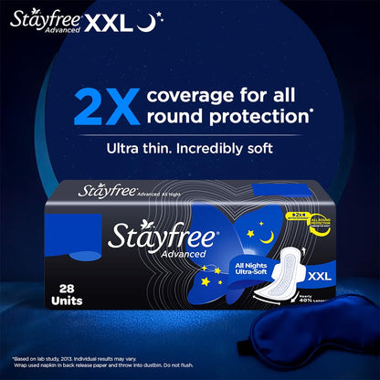 Stayfree Advanced Extra Large All Night Soft Cover Sanitary Pads For Women With Wings, 28 Pads