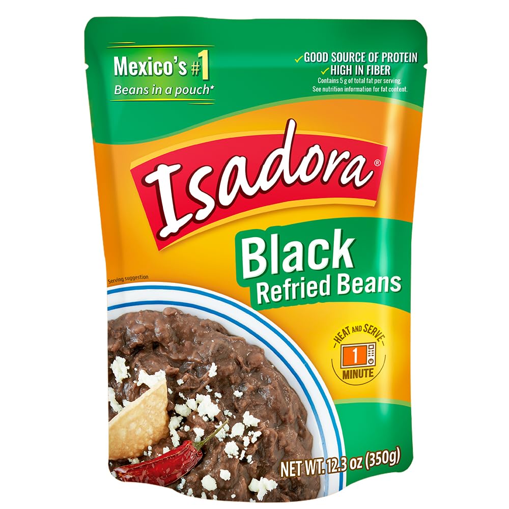 Isadora Black Refried Beans in Pouch (Pack of 14), Delicious Refried Black Beans, Microwave Food Premade Meals, Plant Based Protein,12.3 oz