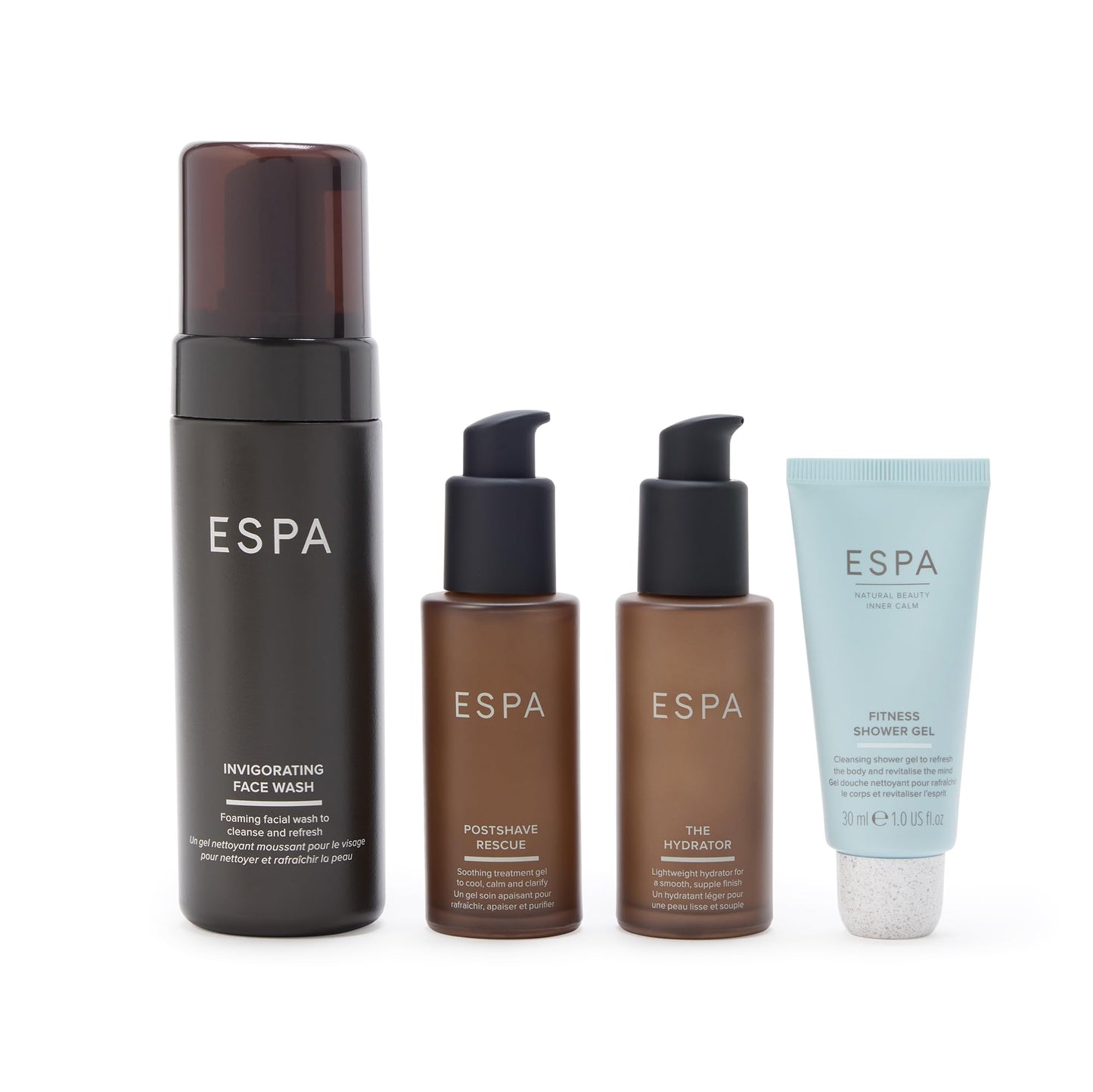 ESPA Men's Grooming Collection | 4-Piece Skincare Gift Set for Him with Invigorating Face Wash, Postshave Rescue, Moisturiser & Fitness Shower Gel | Revitalising Self Care Kit