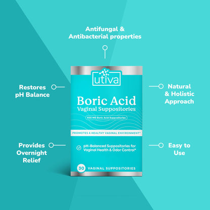 Szio+ Utiva Boric Acid Suppositories for Women - pH Balance - Feminine Care - 600mg Boric Acid to Lower pH and Support Vaginal Health, BV Treatment for Women, 30 Vaginal Suppositories