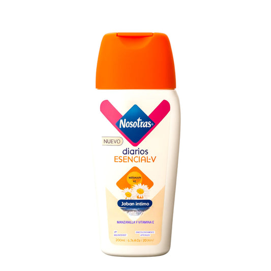 Nosotras Diarios - Esencial V Intimate Soap, Femenine Cleanser Balanced pH| Jabon Intimo Mujer Uso Diario Previene Flujo y Malos Olores 6.76 Oz-200 ml (Chamomile & Vitamin E, Manzanilla & VItamina E)