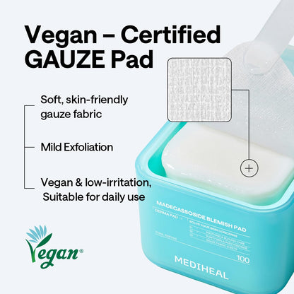 MEDIHEAL Madecassoside Blemish Pad - Square Cotton Facial Toner Pads with Centella Asiatica & Madecassoside – Anti Blemish to Improve Uneven Skin Tone - Vegan Face Gauze Pads, 100
