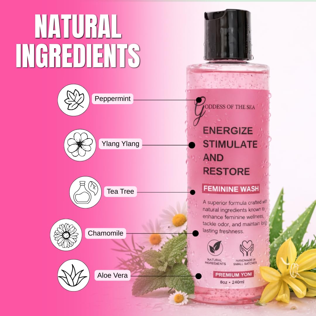 Premium Yoni Feminine Wash – pH Balance Minty Feminine Wash – Natural Ingredients Feminine Care Daily Wash Great for Odor, Discharge, Dryness, BV – 8oz Bottle