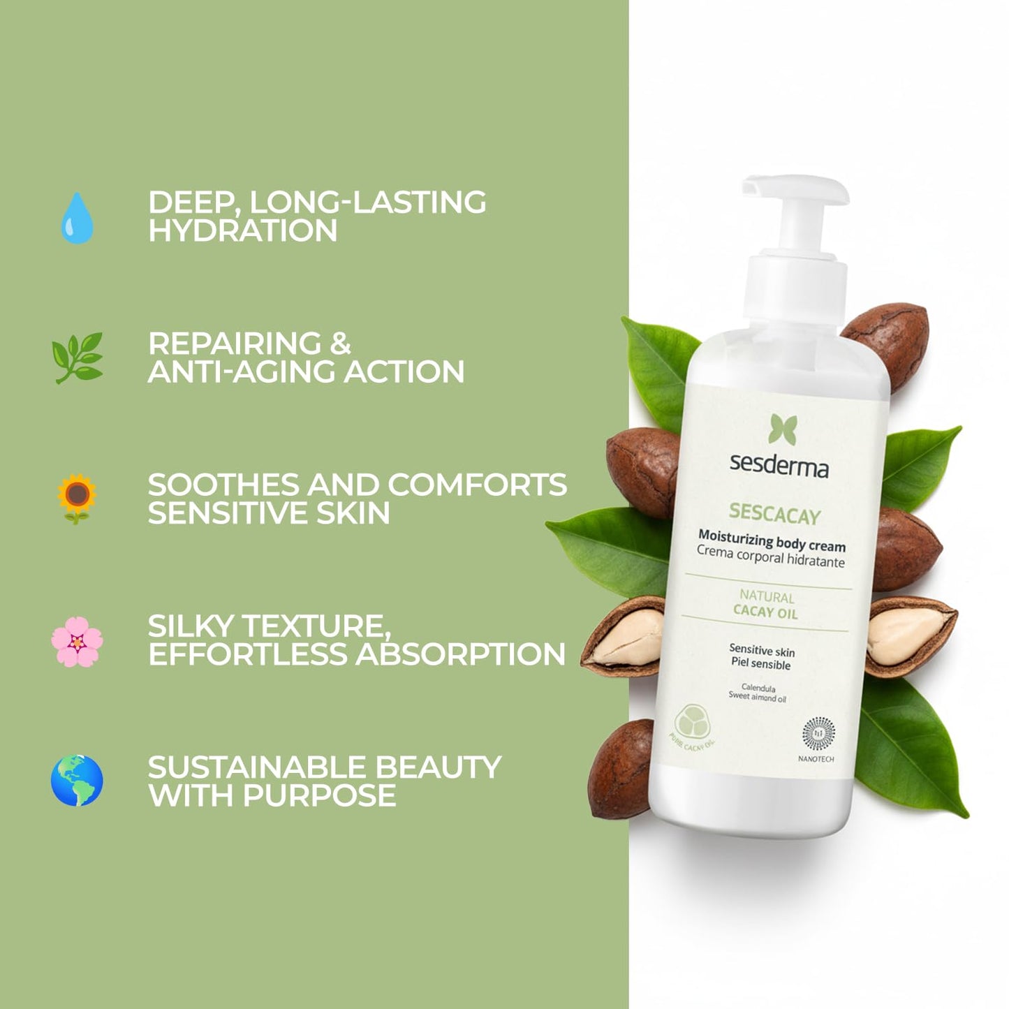 Sesderma SESCACAY Moisturizing Body Cream | Deep Hydration & Nourishment with Cacay Oil, HP Retinoate & Botanical Extracts | Soothes, Repairs & Softens Dry or Sensitive Skin | 8.5 fl oz
