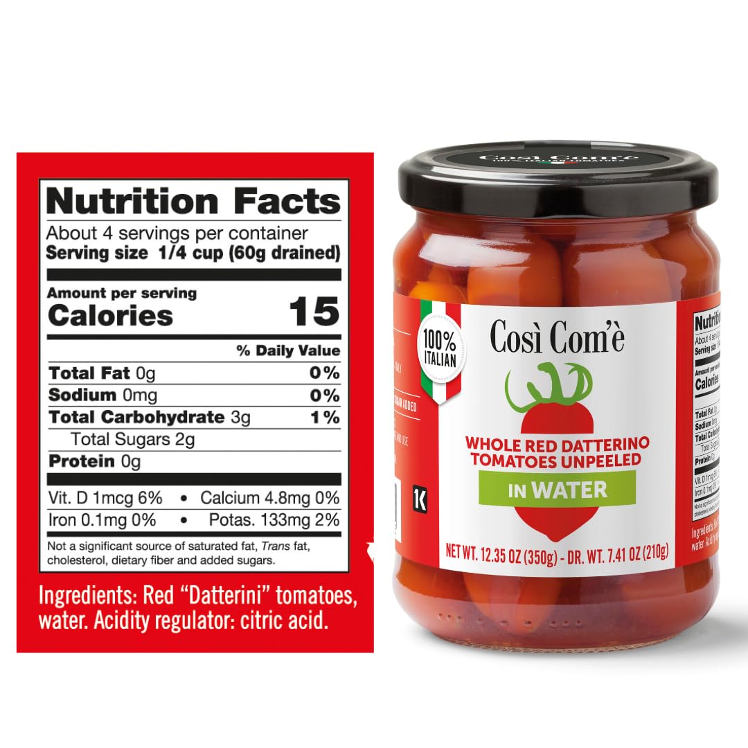 Cosi Come - Datterino Red Tomatoes Unpeeled in Water, Datterini Tomatoes in water (12.354 oz) 350 g, Low-acid, No additives, No preservatives, 100% Natural, Non-GMO, Product of Italy