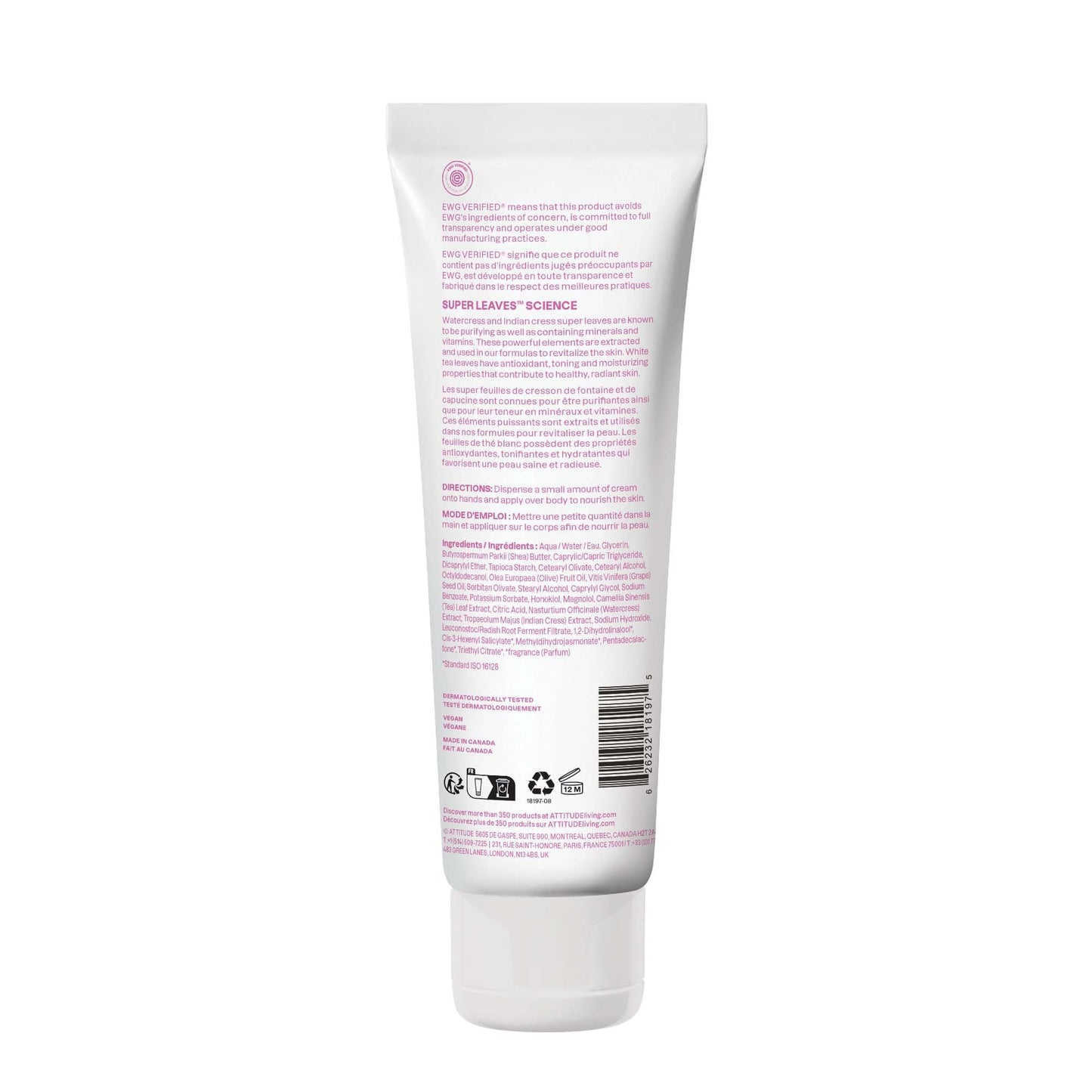 ATTITUDE Body Cream, EWG Verified Moisturizer, Vegan Moisturizing Products For Dry Skin, Dermatologically Tested, White Tea Leaves, 8 Fl Oz