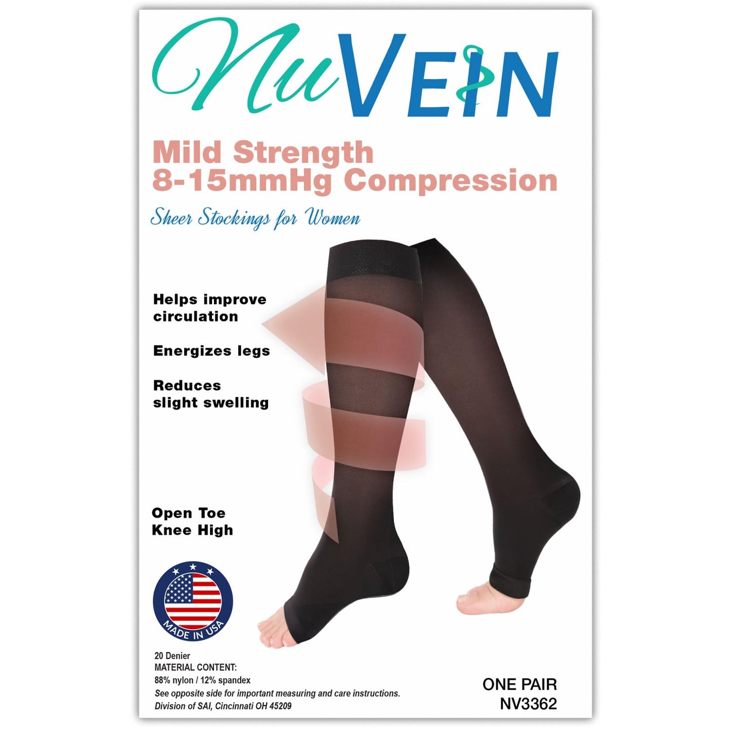 NuVein Sheer Compression Stockings for Women, 8-15 mmHg Support, Light Denier, Knee High, Open Toe, Navy, Large