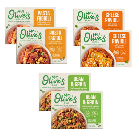 Miss Olive’s Vegetarian Pack – Shelf-Stable Microwavable Ready Meals (6 Pack) – Cheese Ravioli, Southwest Bean & Grain & Pasta Fagioli – Fully Cooked Heat & Eat Meals