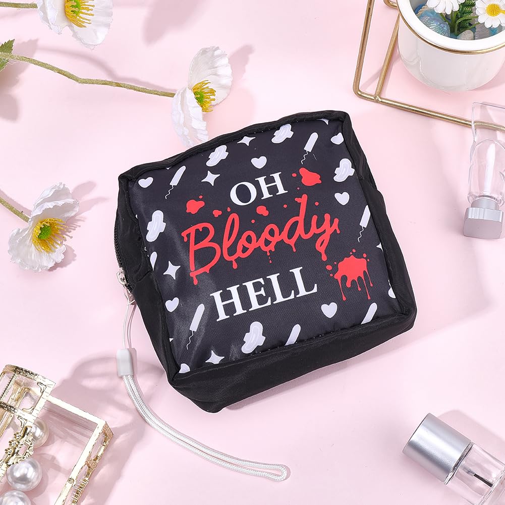 Black Period Bag Pouch Sanitary Napkin Storage Bag Oh Bloody Hell Pad Pouch Portable Waterproof Feminine Products Travel Storage Organizer First Period Gifts for Women Ladies Daily Use