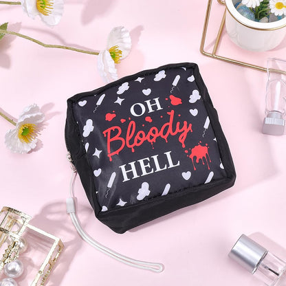 Black Period Bag Pouch Sanitary Napkin Storage Bag Oh Bloody Hell Pad Pouch Portable Waterproof Feminine Products Travel Storage Organizer First Period Gifts for Women Ladies Daily Use