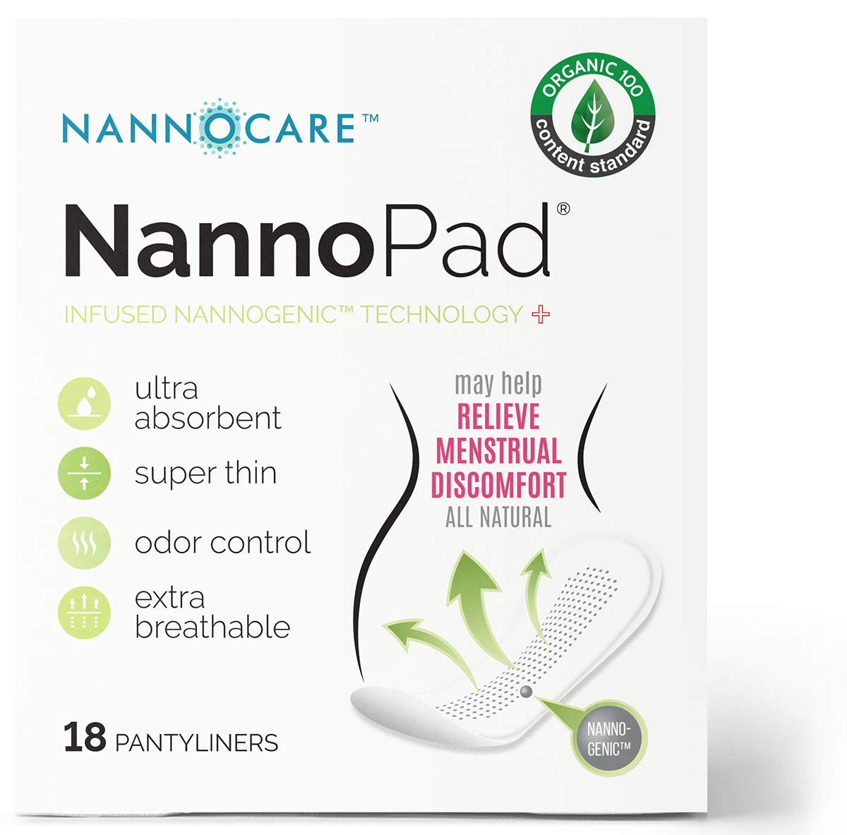 Pantyliners - Made with Organic Cotton (18 Count (Pack of 1)) Nannocare