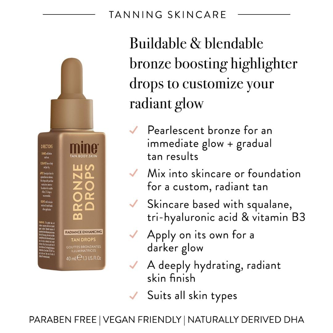 Minetan Bronzing Tan Drops | Radiance Enhancing Bronze Facial Self Tanning Serum - Daily Tanner Boosting Drops, Face & Body, Infused wtih Vitamin C, Hydrating, Radiant Skin Finish, 1.3 Fl Oz