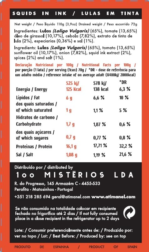 Spanish Squids Canned in Ink | Wild Caught, B Vitamins, Omega-3 | Tinned Seafood by Ati Manel | 1 x 110g Can