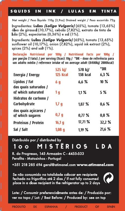 Spanish Squids Canned in Ink | Wild Caught, B Vitamins, Omega-3 | Tinned Seafood by Ati Manel | 1 x 110g Can