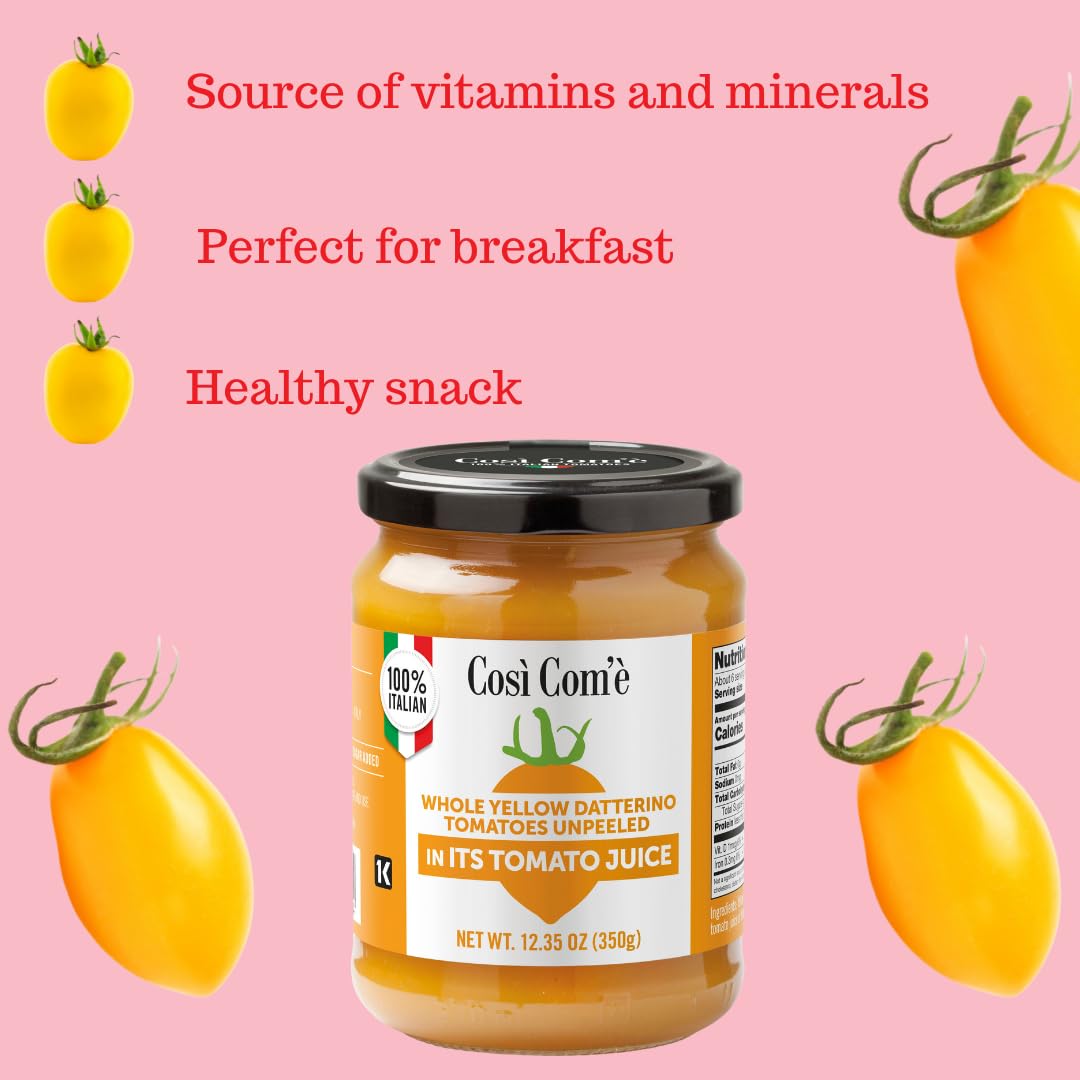 Cosi Come - Datterino, Italian Yellow Tomatoes Unpeeled (12.35 oz), Low-acid, No additives, No preservatives, 100% Natural, Non-GMO